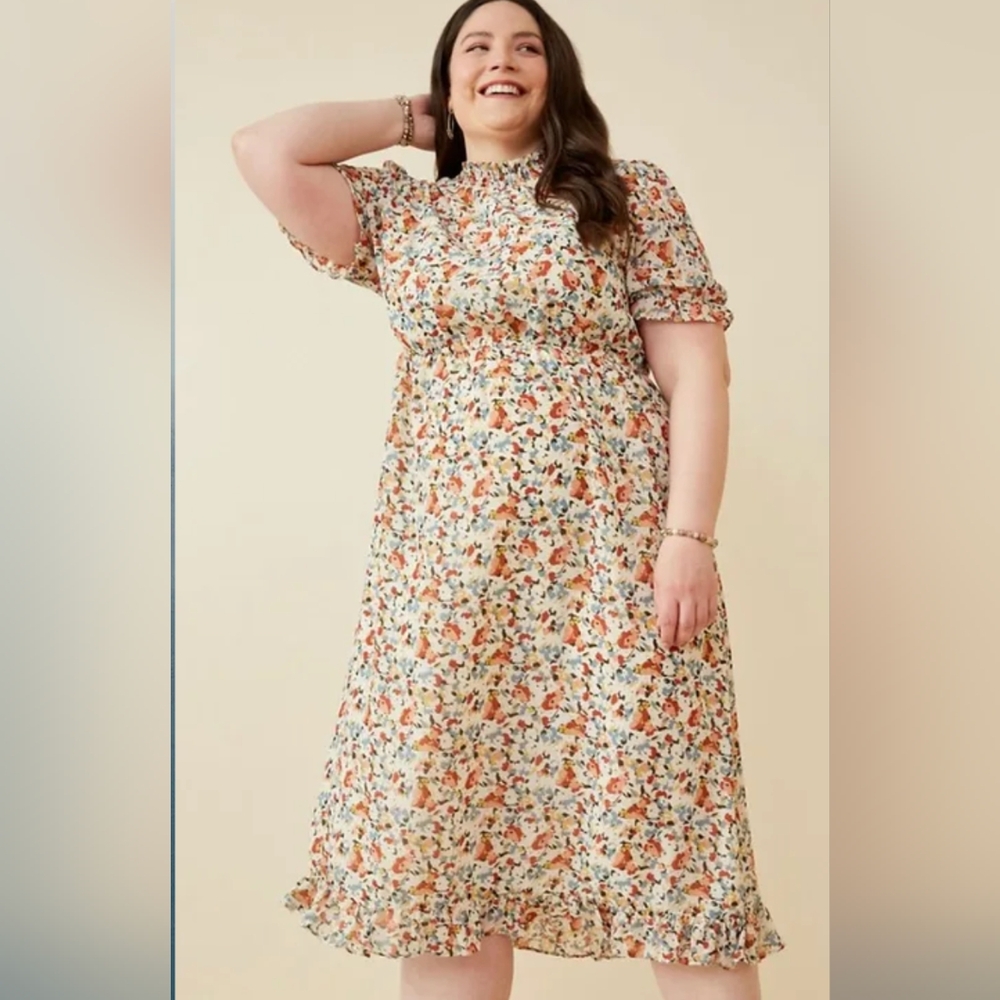 NWT Hayden The Becca Off White Floral Smocked Neck Midi Dress Modest 1XL Cream